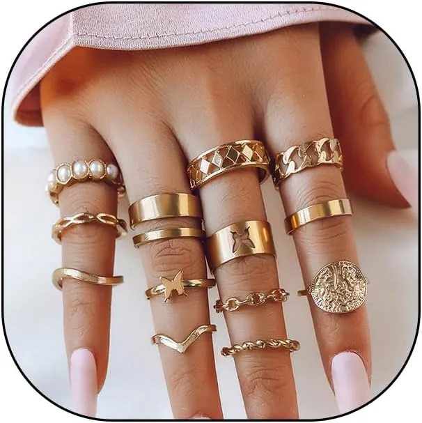 13Pcs Gold Pearl Stacked Heart Butterfly Ring Set, Chunky Adjustable Vintage Hollow Pattern Knuckle Joint Ring, Thick Signet Jewelry Gift for Women