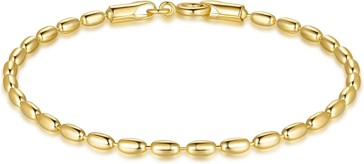 14K Gold Bracelets for Women Bracelets for Men Dainty Bead Chain Bracelet Charm Bracelet for Women Spring Ring Clasp (6.5/7/7.5/8/10 in)
