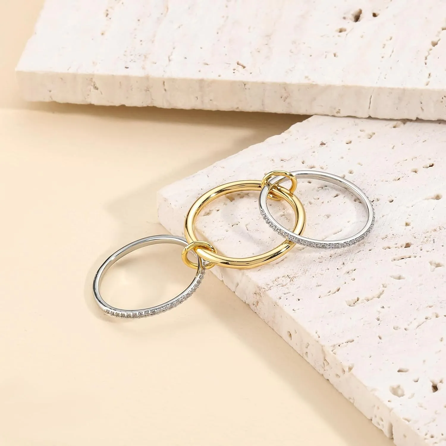 14k Gold Silver Plated Stackable Rings for Women Minimalist Moissanite Cubic Zirconia Dainty Mixed Metal Two Tone Gemstone Stacked Diamond Rings Set Non Tarnish Statement Knuckle Jewelry