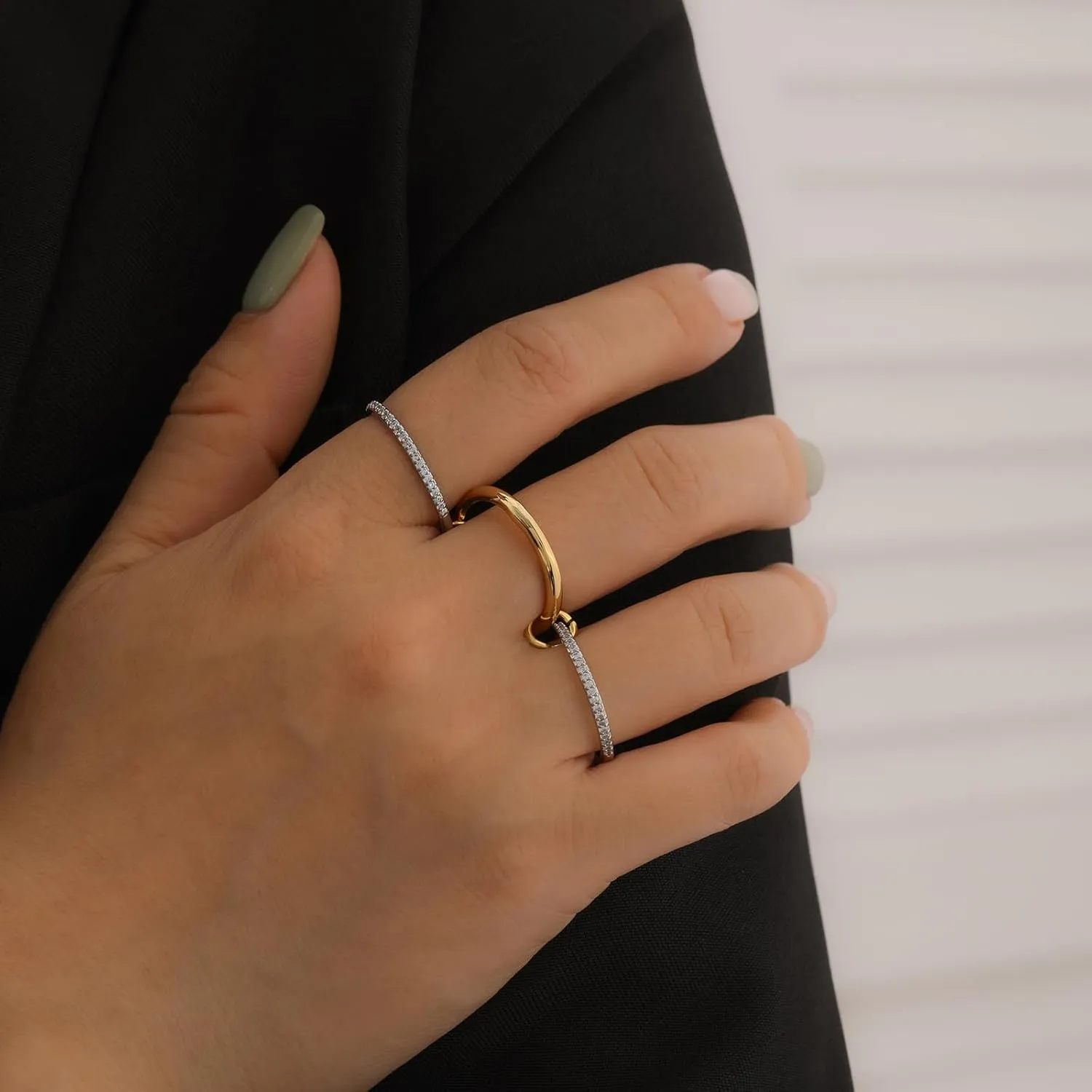 14k Gold Silver Plated Stackable Rings for Women Minimalist Moissanite Cubic Zirconia Dainty Mixed Metal Two Tone Gemstone Stacked Diamond Rings Set Non Tarnish Statement Knuckle Jewelry