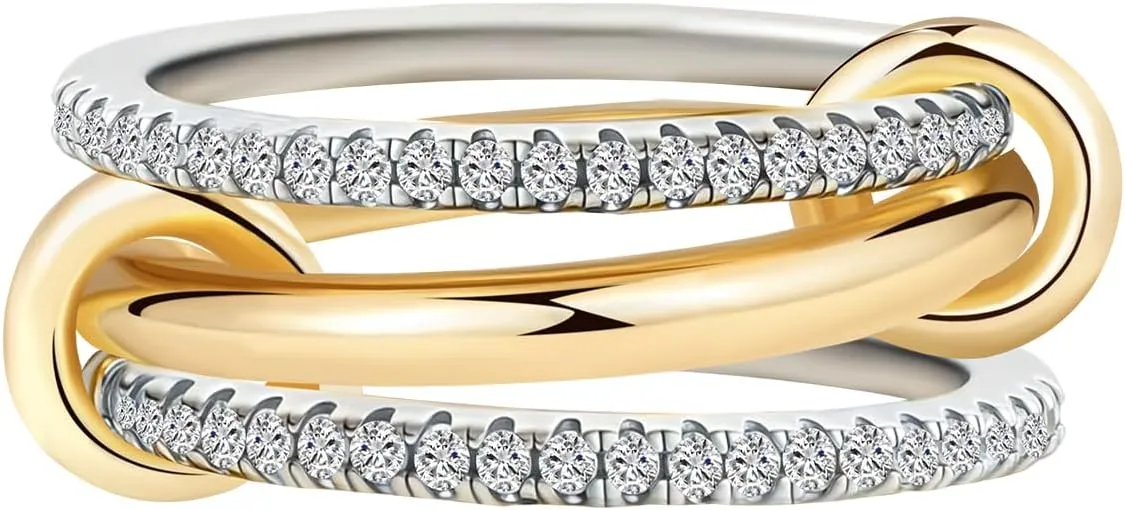 14k Gold Silver Plated Stackable Rings for Women Minimalist Moissanite Cubic Zirconia Dainty Mixed Metal Two Tone Gemstone Stacked Diamond Rings Set Non Tarnish Statement Knuckle Jewelry
