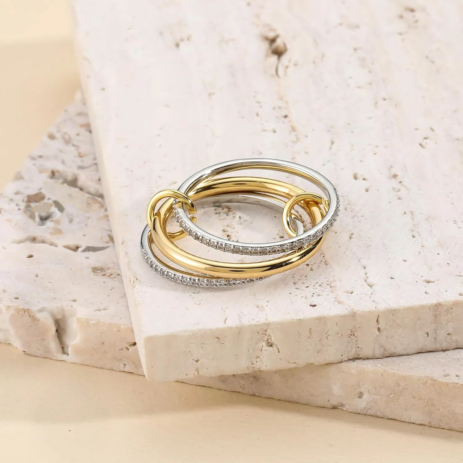 14k Gold Silver Plated Stackable Rings for Women Minimalist Moissanite Cubic Zirconia Dainty Mixed Metal Two Tone Gemstone Stacked Diamond Rings Set Non Tarnish Statement Knuckle Jewelry