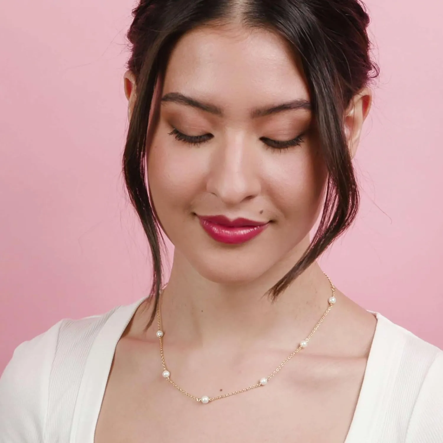 14k Gold/Silver/Rose Plated Pearl Necklaces for Women | Simulated Diamond By The Yard Station Necklace | Dainty Solitaire Pendant Necklace with station Cubic Zirconia - Womens CZ Chain Necklace