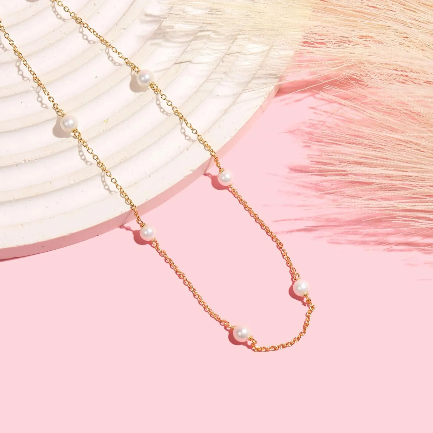 14k Gold/Silver/Rose Plated Pearl Necklaces for Women | Simulated Diamond By The Yard Station Necklace | Dainty Solitaire Pendant Necklace with station Cubic Zirconia - Womens CZ Chain Necklace