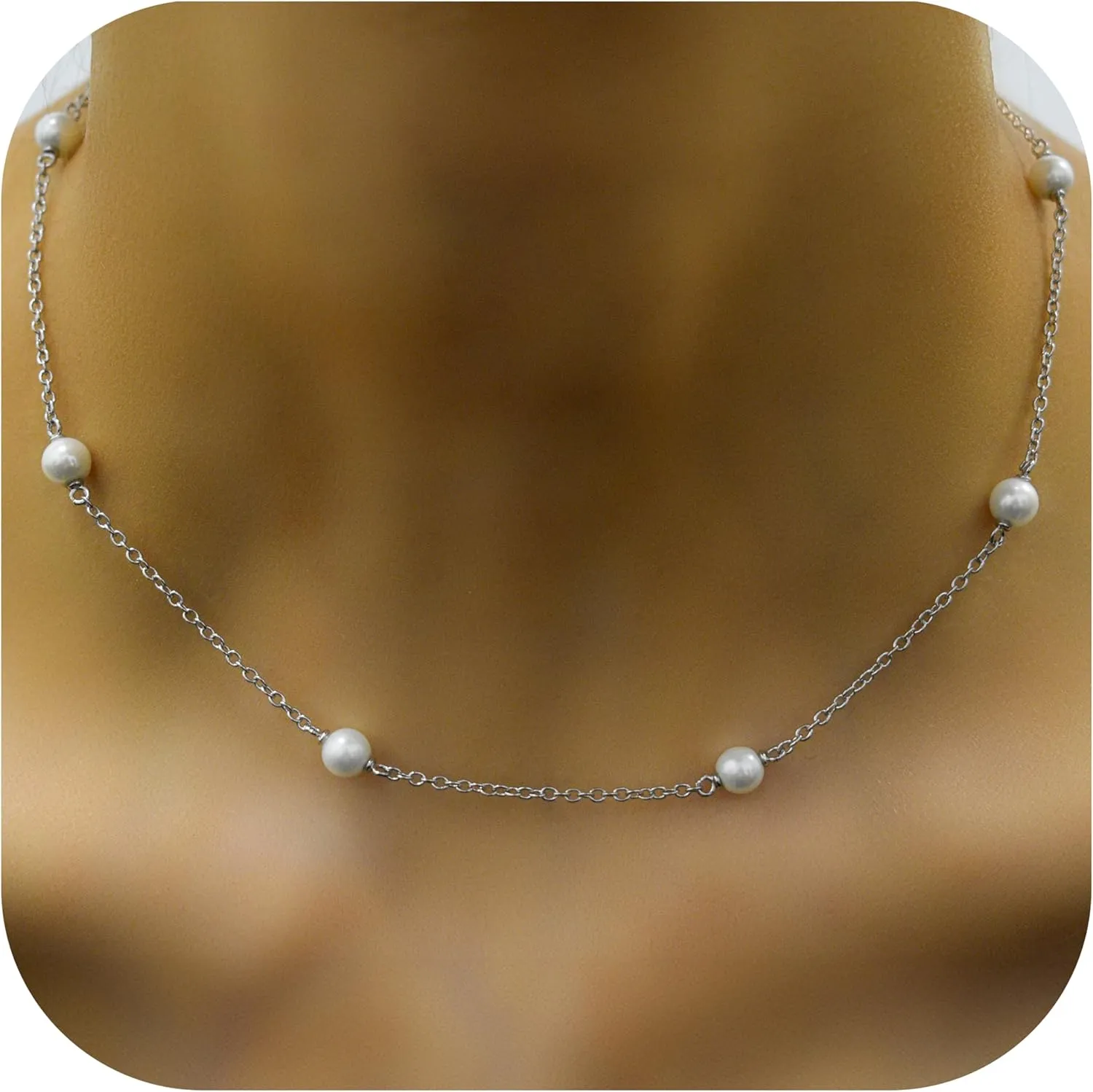 14k Gold/Silver/Rose Plated Pearl Necklaces for Women | Simulated Diamond By The Yard Station Necklace | Dainty Solitaire Pendant Necklace with station Cubic Zirconia - Womens CZ Chain Necklace