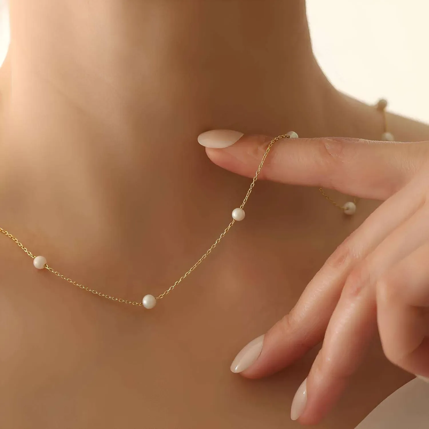 14k Gold/Silver/Rose Plated Pearl Necklaces for Women | Simulated Diamond By The Yard Station Necklace | Dainty Solitaire Pendant Necklace with station Cubic Zirconia - Womens CZ Chain Necklace