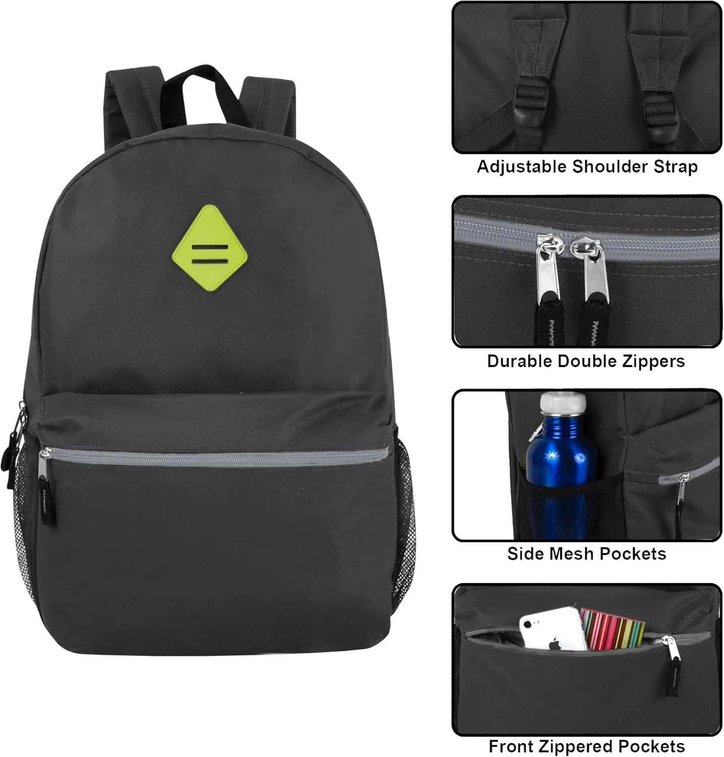 19 Inch School Backpacks with Mesh Side Pockets  Basic Large Solid Color Backpacks for Kids, Men, Women, Travel (Black/Yellow)