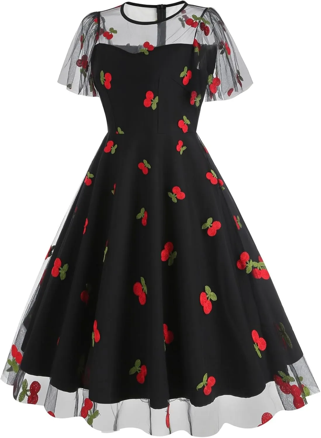 1950s Dresses for Women Vintage Cherry Printed Cocktail Rockabilly Dress A-line Swing Tulle Prom Dress