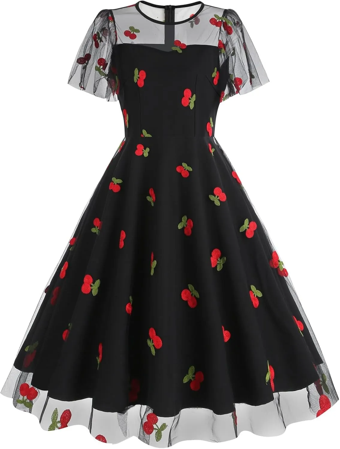1950s Dresses for Women Vintage Cherry Printed Cocktail Rockabilly Dress A-line Swing Tulle Prom Dress
