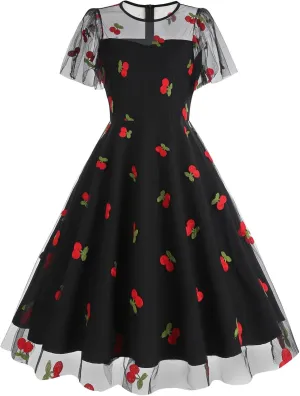 1950s Dresses for Women Vintage Cherry Printed Cocktail Rockabilly Dress A-line Swing Tulle Prom Dress