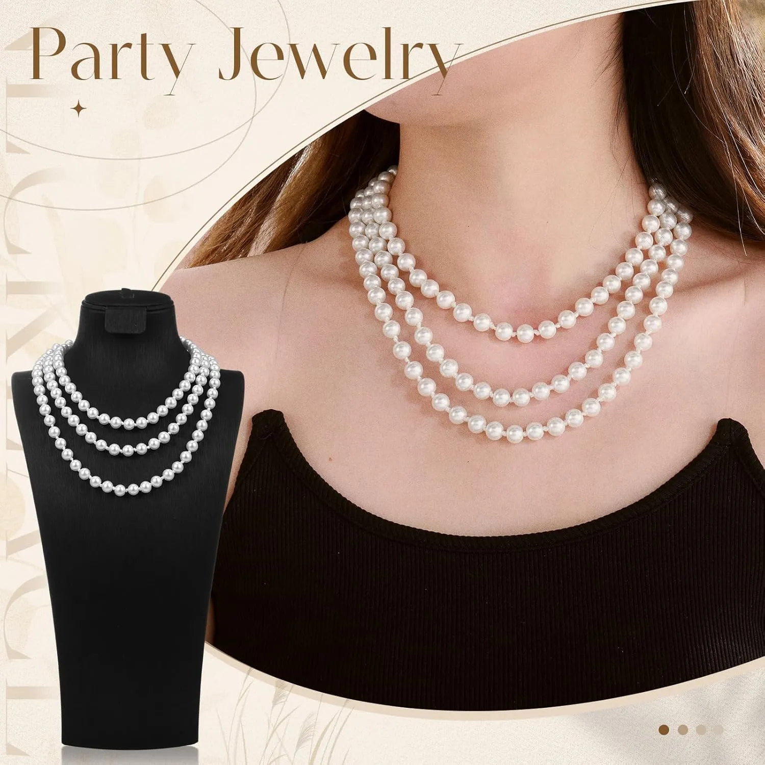 2 Pack Long Pearl Necklace for Women 1920s Costume Jewelry White Faux Pearls Strand Beads for Ladies