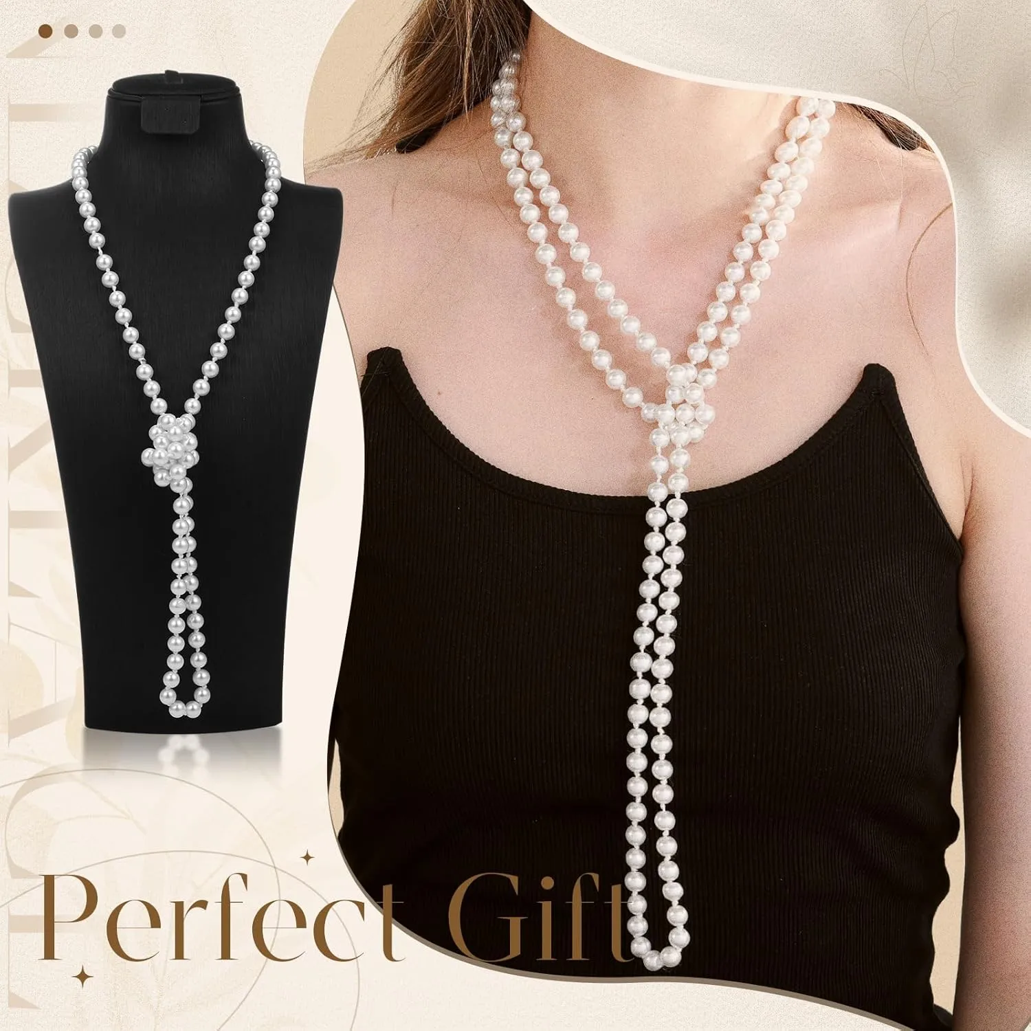 2 Pack Long Pearl Necklace for Women 1920s Costume Jewelry White Faux Pearls Strand Beads for Ladies