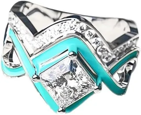 2 PCS Ring Set Natural Turquoise Diamond Rings Western Jewelry Turquoise Silver Color Rings for Women Bohemian Joint Knuckle Rings Finger Ring Two-in-One Halo Ring Turquoise Jewelry Sparkling Natural Gemstone