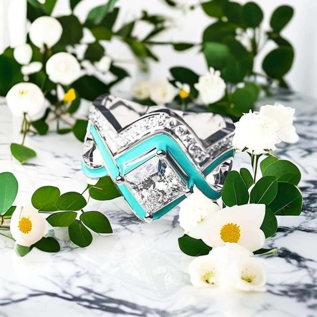 2 PCS Ring Set Natural Turquoise Diamond Rings Western Jewelry Turquoise Silver Color Rings for Women Bohemian Joint Knuckle Rings Finger Ring Two-in-One Halo Ring Turquoise Jewelry Sparkling Natural Gemstone