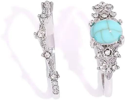 2 PCS Turquoise Ring Set Western Jewelry for Women Silver Color Bohemian Joint Knuckle Finger Ring Sparkling Crystal Cowgirl Statement Jewelry