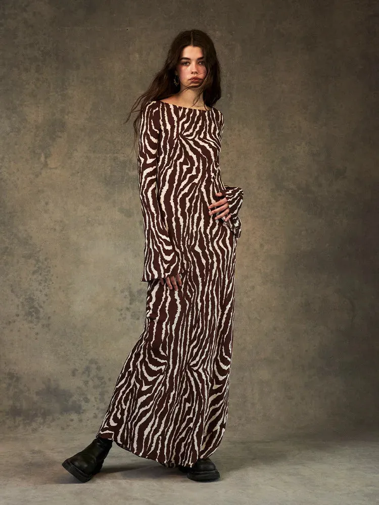 2024 Spring Zebra Print Long Sleeve Flared Cuff Round Collar Floral Dress