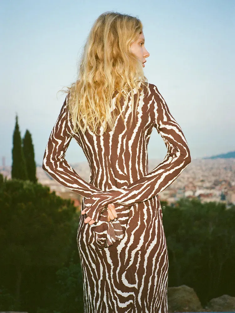 2024 Spring Zebra Print Long Sleeve Flared Cuff Round Collar Floral Dress