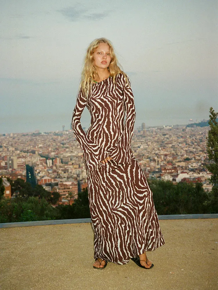 2024 Spring Zebra Print Long Sleeve Flared Cuff Round Collar Floral Dress
