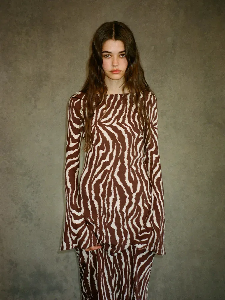 2024 Spring Zebra Print Long Sleeve Flared Cuff Round Collar Floral Dress
