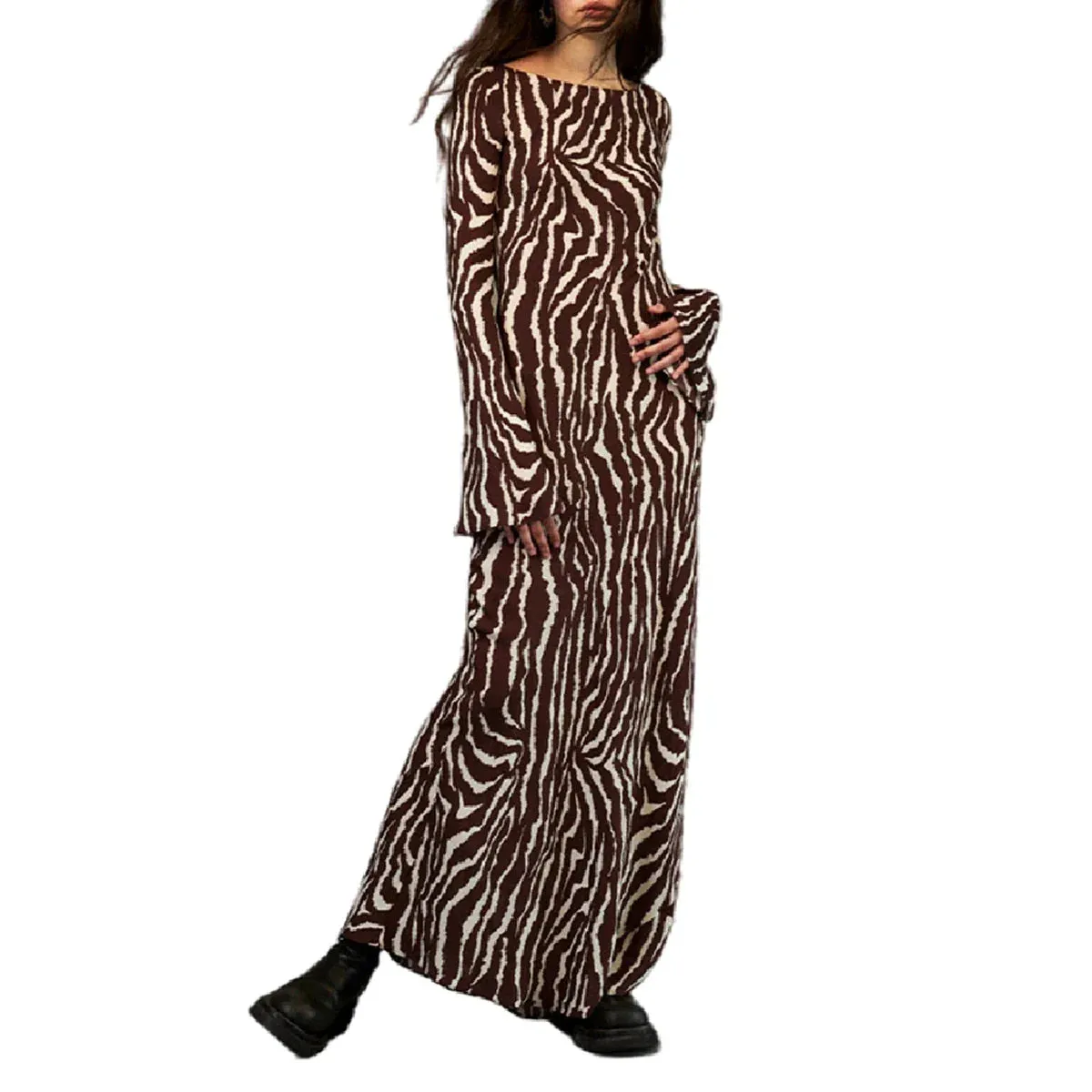 2024 Spring Zebra Print Long Sleeve Flared Cuff Round Collar Floral Dress