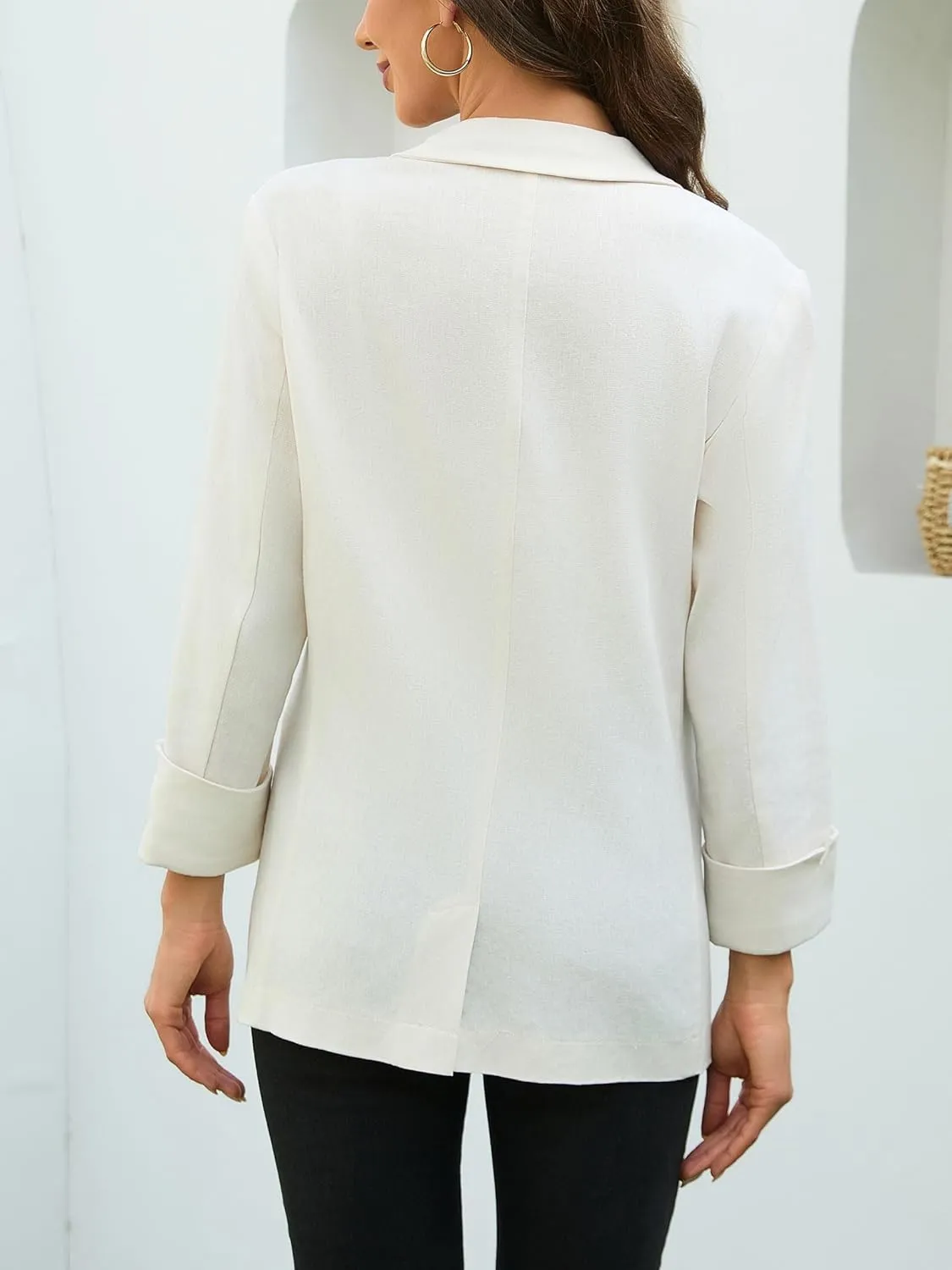 2025 Women's One Button Linen Blazers 3/4 Sleeve Casual Suit Jackets