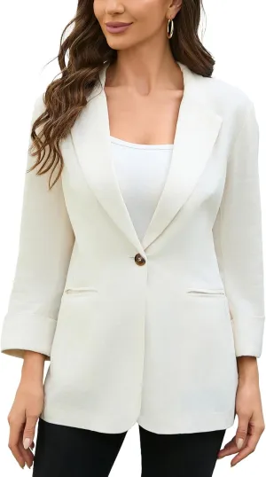 2025 Women's One Button Linen Blazers 3/4 Sleeve Casual Suit Jackets