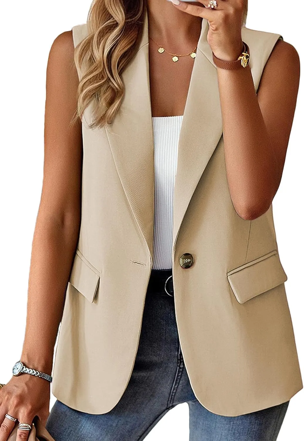 2025 Women's Summer Sleeveless Vest Tops Lightweight Fully-Lined Fashion Casual Work Office Blazers with Pockets