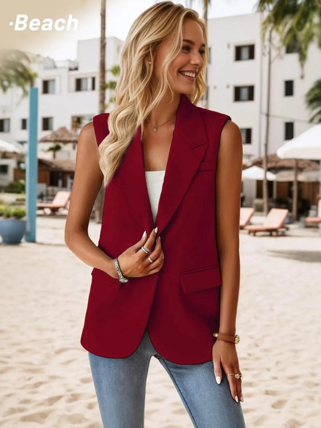 2025 Women's Summer Sleeveless Vest Tops Lightweight Fully-Lined Fashion Casual Work Office Blazers with Pockets