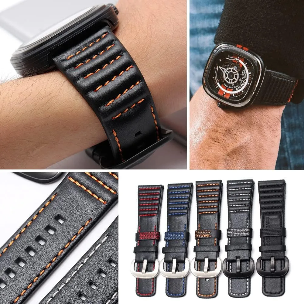 28mm Men's Genuine Leather Watch Band Compatible with Seven Friday M1 M2 P3 SF Calfskin Black Watch Straps with Heavy Duty Metal Buckle Watch Accessories