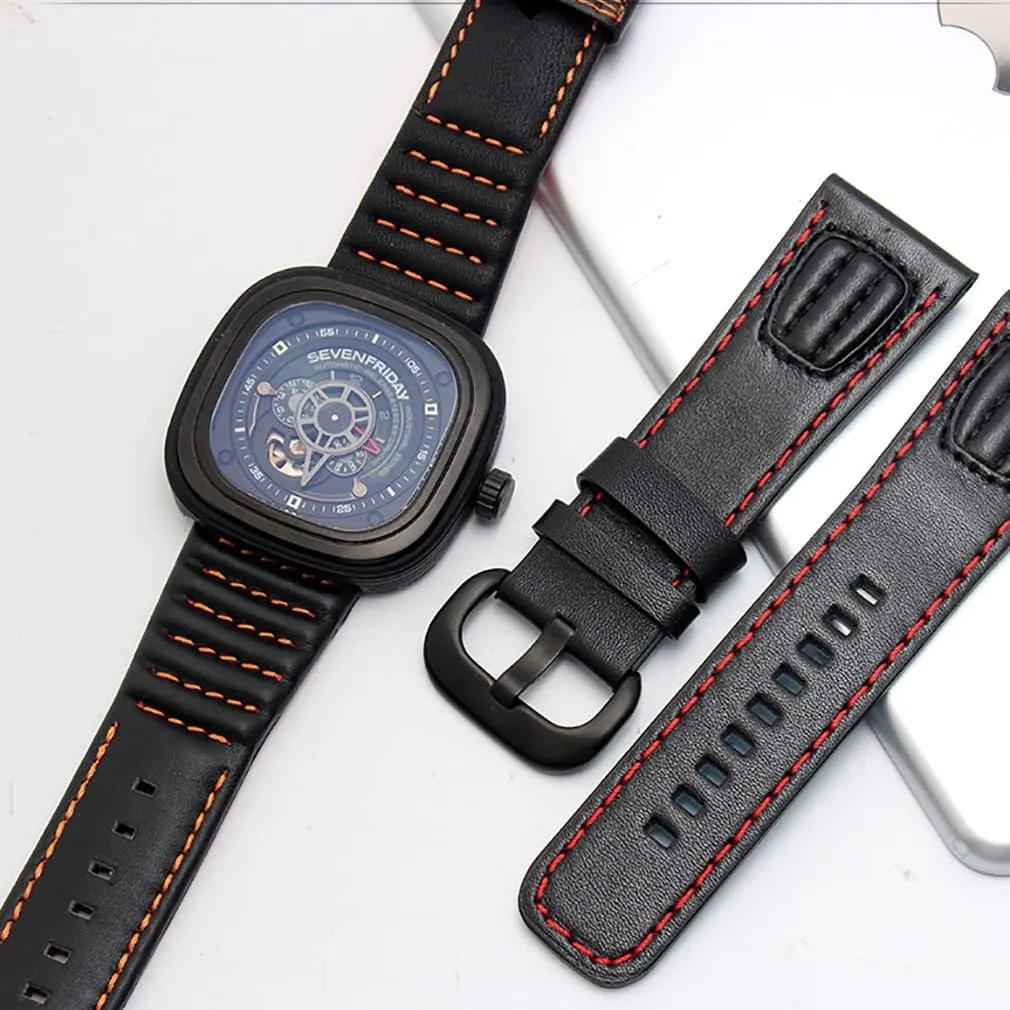 28mm Men's Genuine Leather Watch Band Compatible with Seven Friday M1 M2 P3 SF Calfskin Black Watch Straps with Heavy Duty Metal Buckle Watch Accessories