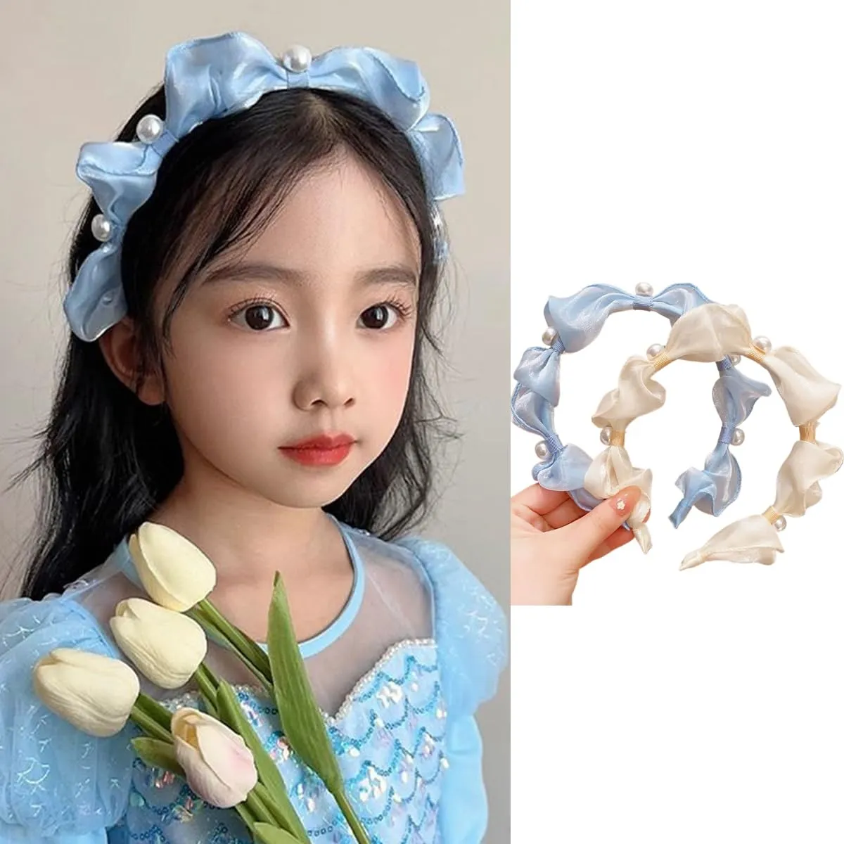 2pcs Kids Headbands, Imitation Pearl Headbands for Toddler Girls, No Slip Hairbands - Children's Hair Accessories (Blue Beige, About 10.5-11cm)
