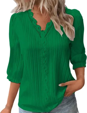3/4 Length Sleeve Womens Tops 2025 Dressy Casual V Neck Tshirts Trendy Puff Short Sleeve Loose Fit Hollow Blouses