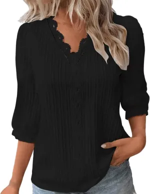 3/4 Length Sleeve Womens Tops 2025 Dressy Casual V Neck Tshirts Trendy Puff Short Sleeve Loose Fit Hollow Blouses
