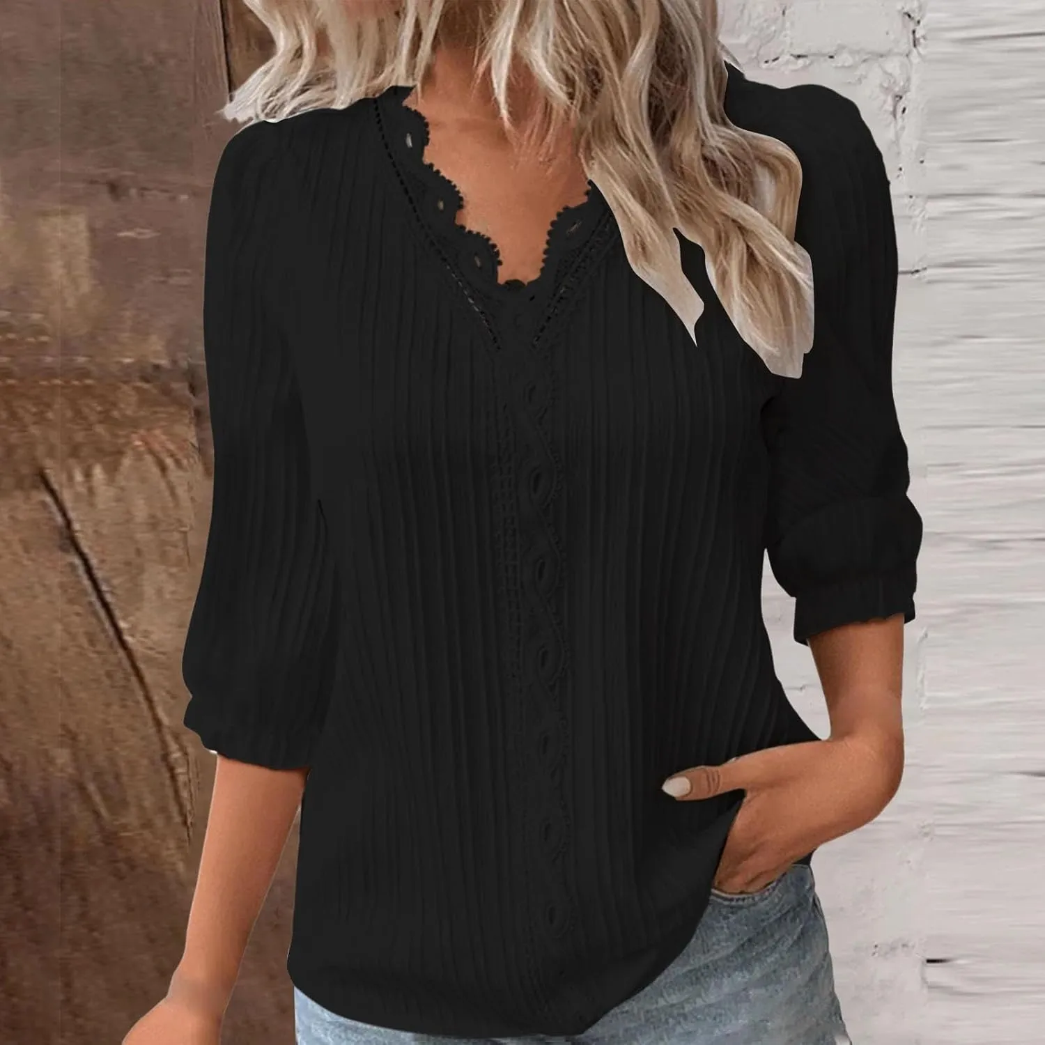 3/4 Length Sleeve Womens Tops 2025 Dressy Casual V Neck Tshirts Trendy Puff Short Sleeve Loose Fit Hollow Blouses