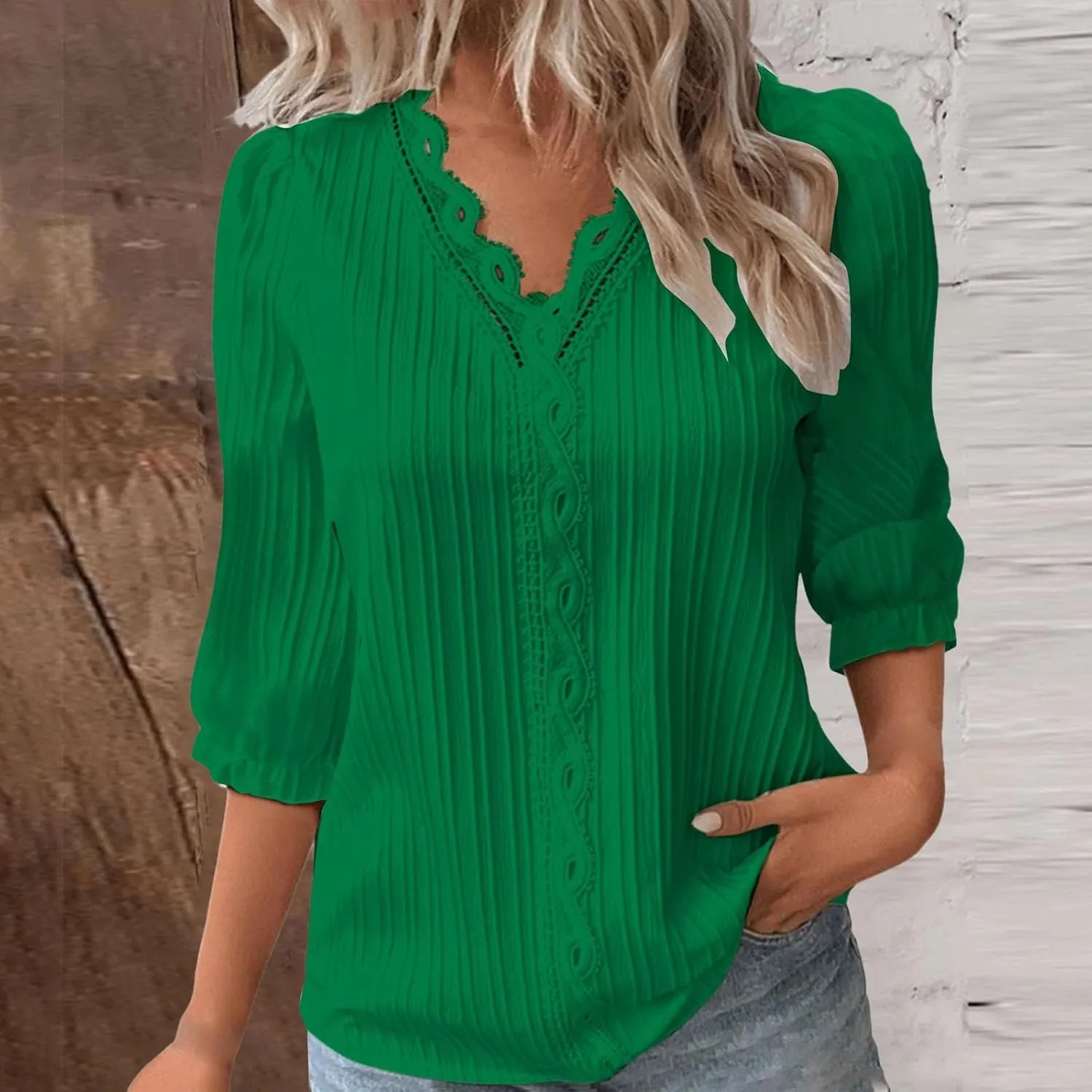3/4 Length Sleeve Womens Tops 2025 Dressy Casual V Neck Tshirts Trendy Puff Short Sleeve Loose Fit Hollow Blouses