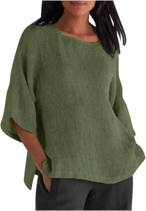 3/4 Length Sleeve Womens Tops 2025 Spring Crewneck Going Out Blouse Cotton Linen Casual Three Quarter Sleeve Shirts