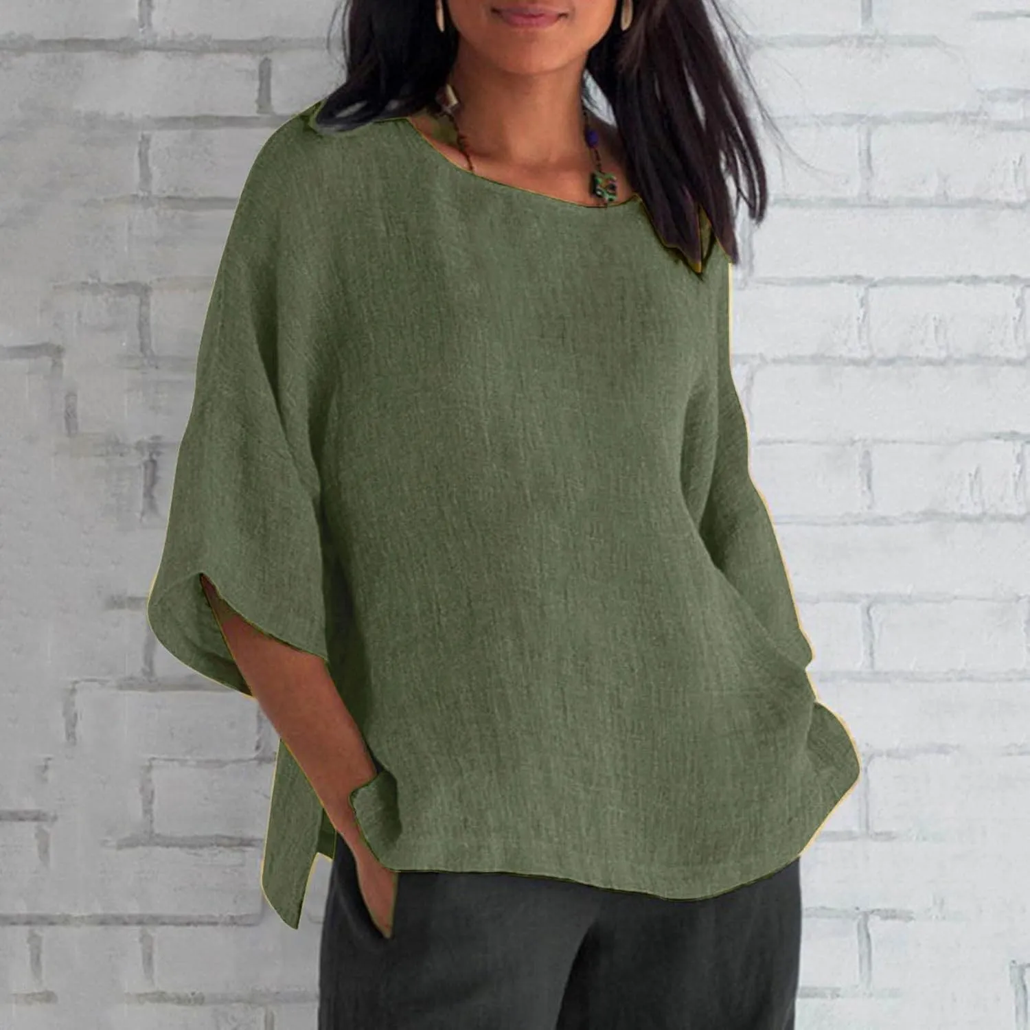 3/4 Length Sleeve Womens Tops 2025 Spring Crewneck Going Out Blouse Cotton Linen Casual Three Quarter Sleeve Shirts