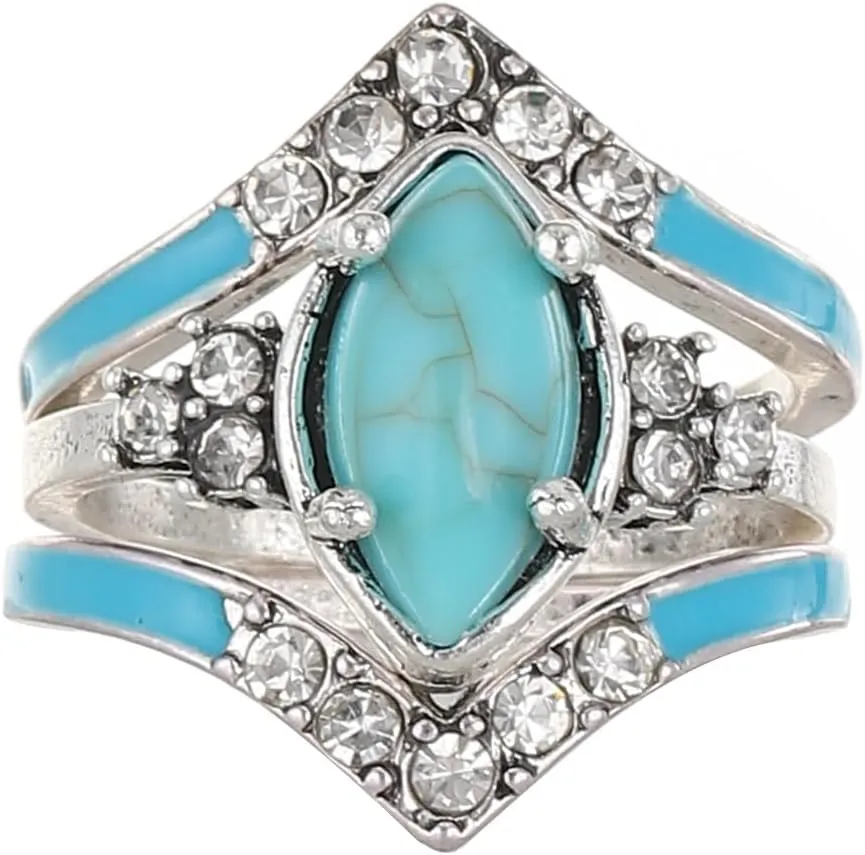 3Pcs Natural Turquoise Rings Western Rings Jewelry Turquoise Silver Color Rings for Women Bohemian Turquoise Zircon Finger Ring Three-in-One Halo Ring Turquoise Jewelry