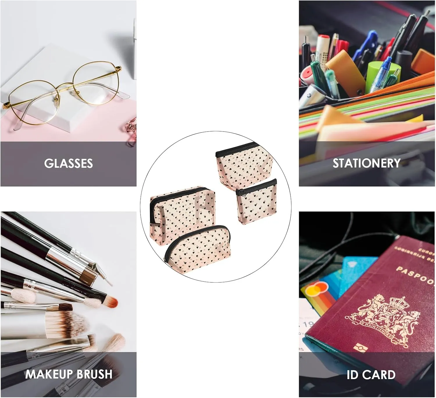 4 Pieces Mesh Cosmetic Bags, Portable Travel Mesh Makeup Bag, Heart Print Zipper Pouch Toiletry Bag for Women Girls (Beige)