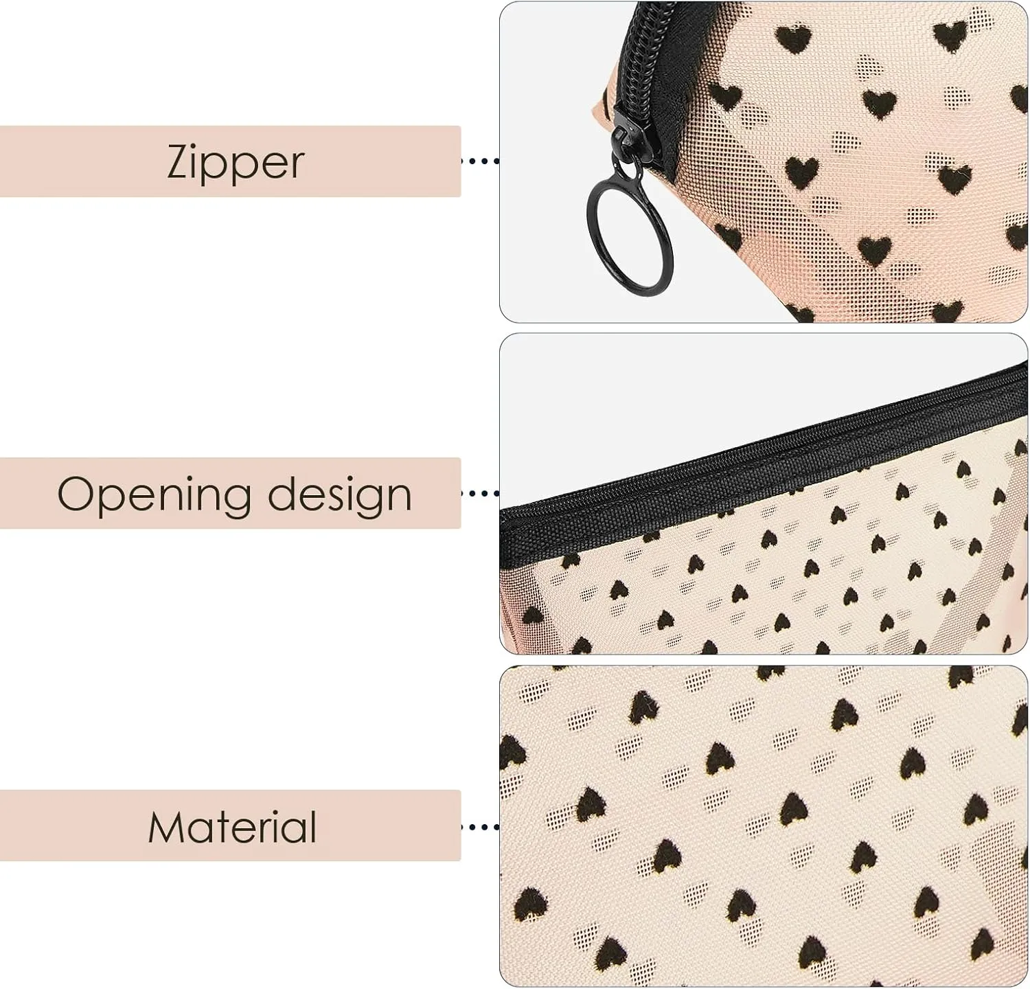4 Pieces Mesh Cosmetic Bags, Portable Travel Mesh Makeup Bag, Heart Print Zipper Pouch Toiletry Bag for Women Girls (Beige)