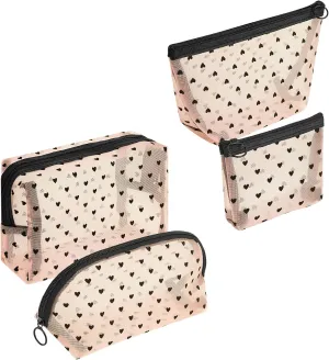 4 Pieces Mesh Cosmetic Bags, Portable Travel Mesh Makeup Bag, Heart Print Zipper Pouch Toiletry Bag for Women Girls (Beige)