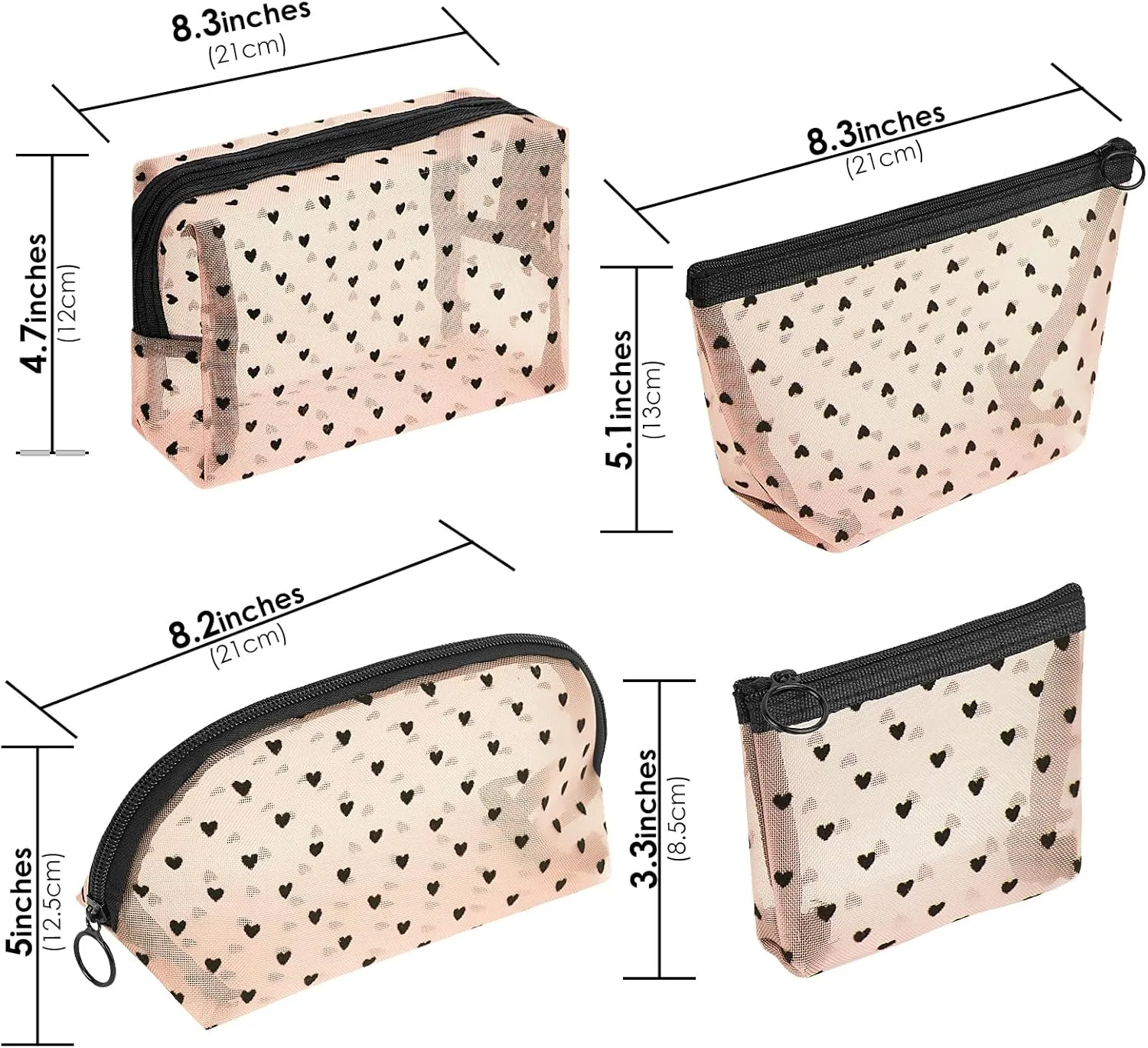 4 Pieces Mesh Cosmetic Bags, Portable Travel Mesh Makeup Bag, Heart Print Zipper Pouch Toiletry Bag for Women Girls (Beige)