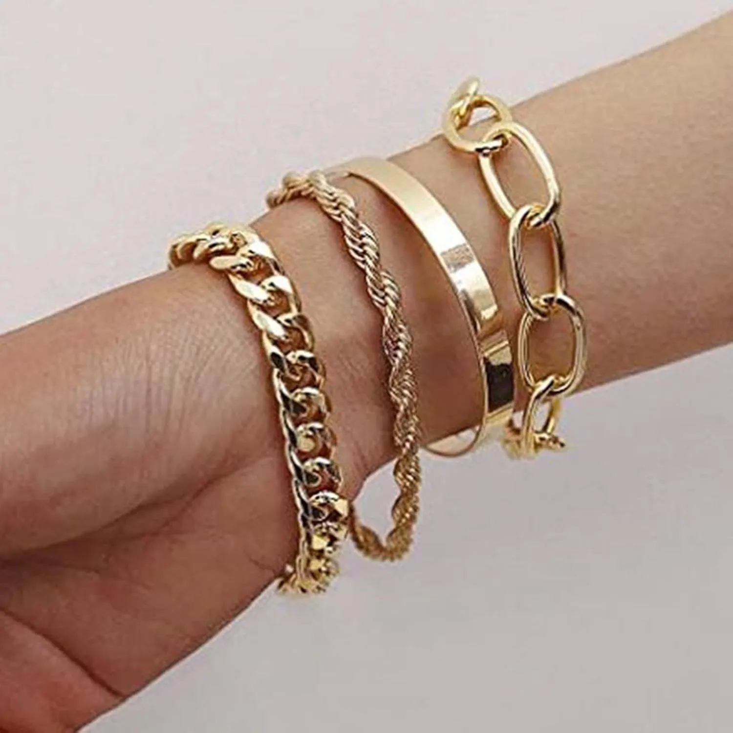 4Pcs Gold Bracelets Bangles for Women,Gold Plated Bracelets Bangle Wrap Cuff for Women Trendy Stackable Bracelets,Layered Chain Bracelets Pack Gifts