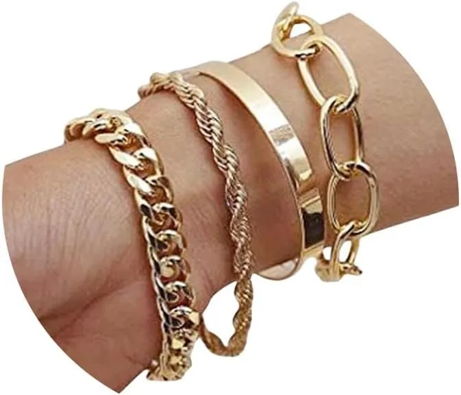 4Pcs Gold Bracelets Bangles for Women,Gold Plated Bracelets Bangle Wrap Cuff for Women Trendy Stackable Bracelets,Layered Chain Bracelets Pack Gifts