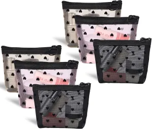 6 Pack Mini Mesh Makeup Bags, Heart Print Zipper Mesh Storage Pouch, Travel Cosmetic Accessories Organizer for Women (Black, Beige, Pink)
