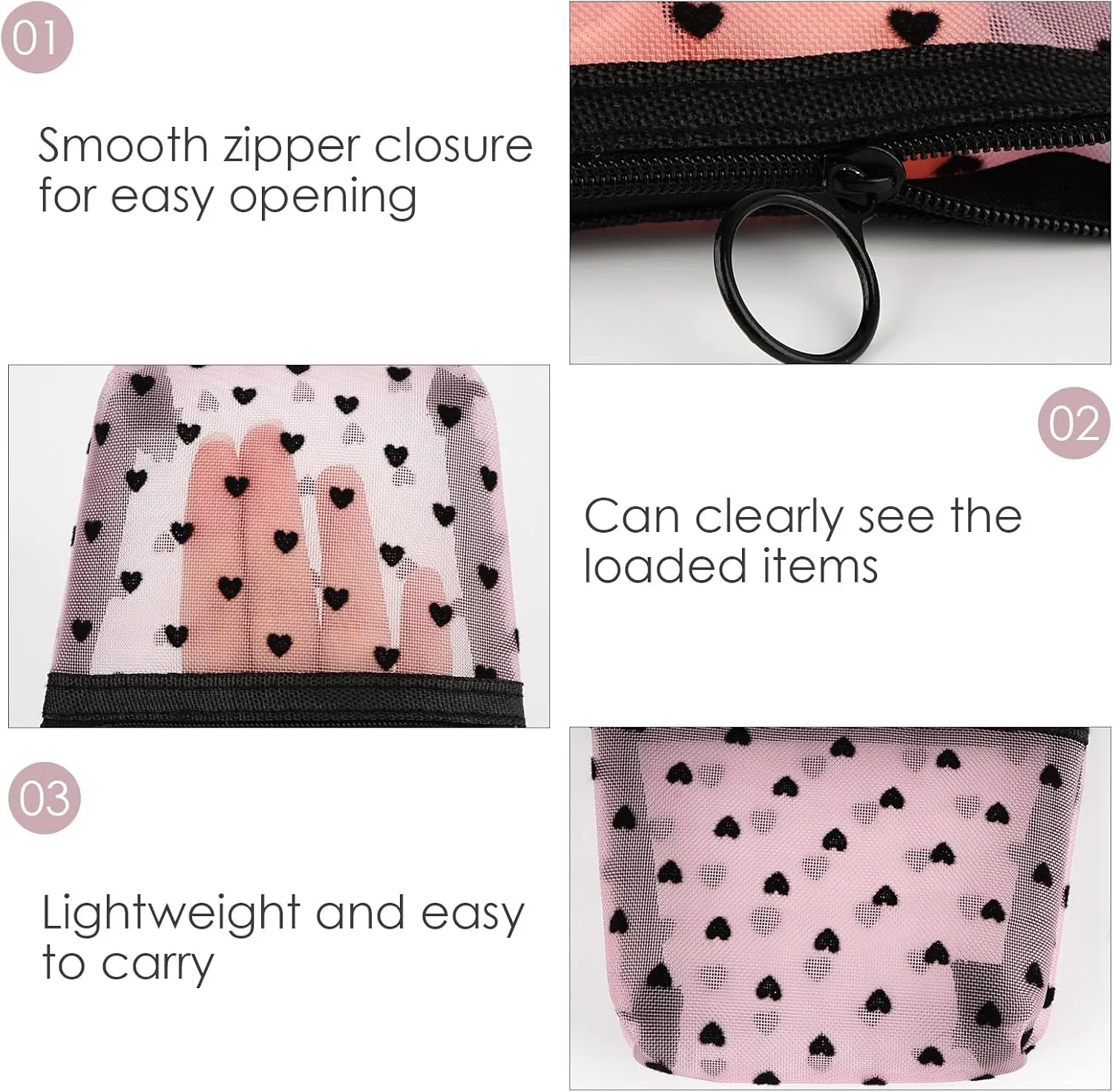 6 Pack Mini Mesh Makeup Bags, Heart Print Zipper Mesh Storage Pouch, Travel Cosmetic Accessories Organizer for Women (Black, Beige, Pink)