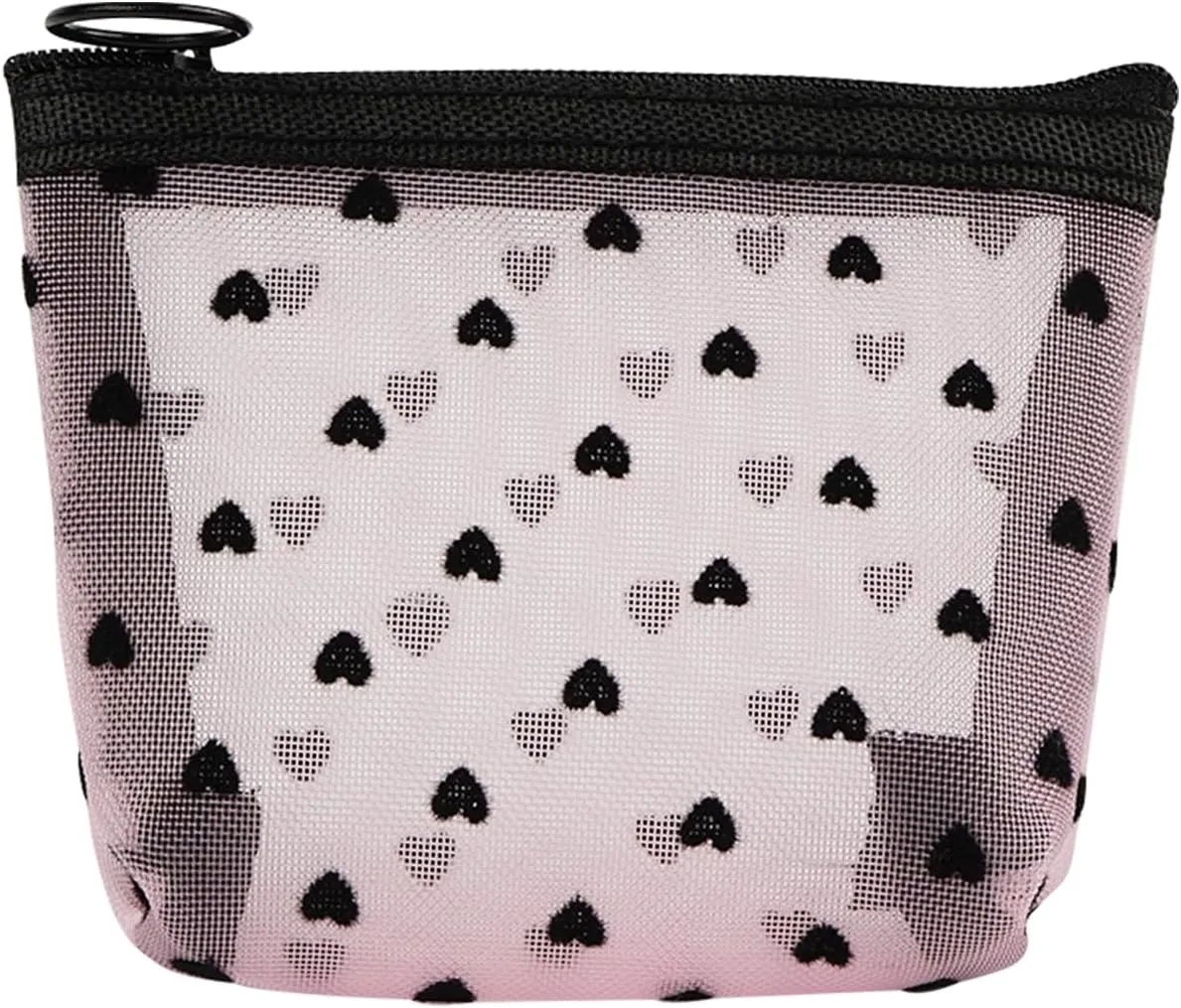 6 Pack Mini Mesh Makeup Bags, Heart Print Zipper Mesh Storage Pouch, Travel Cosmetic Accessories Organizer for Women (Black, Beige, Pink)