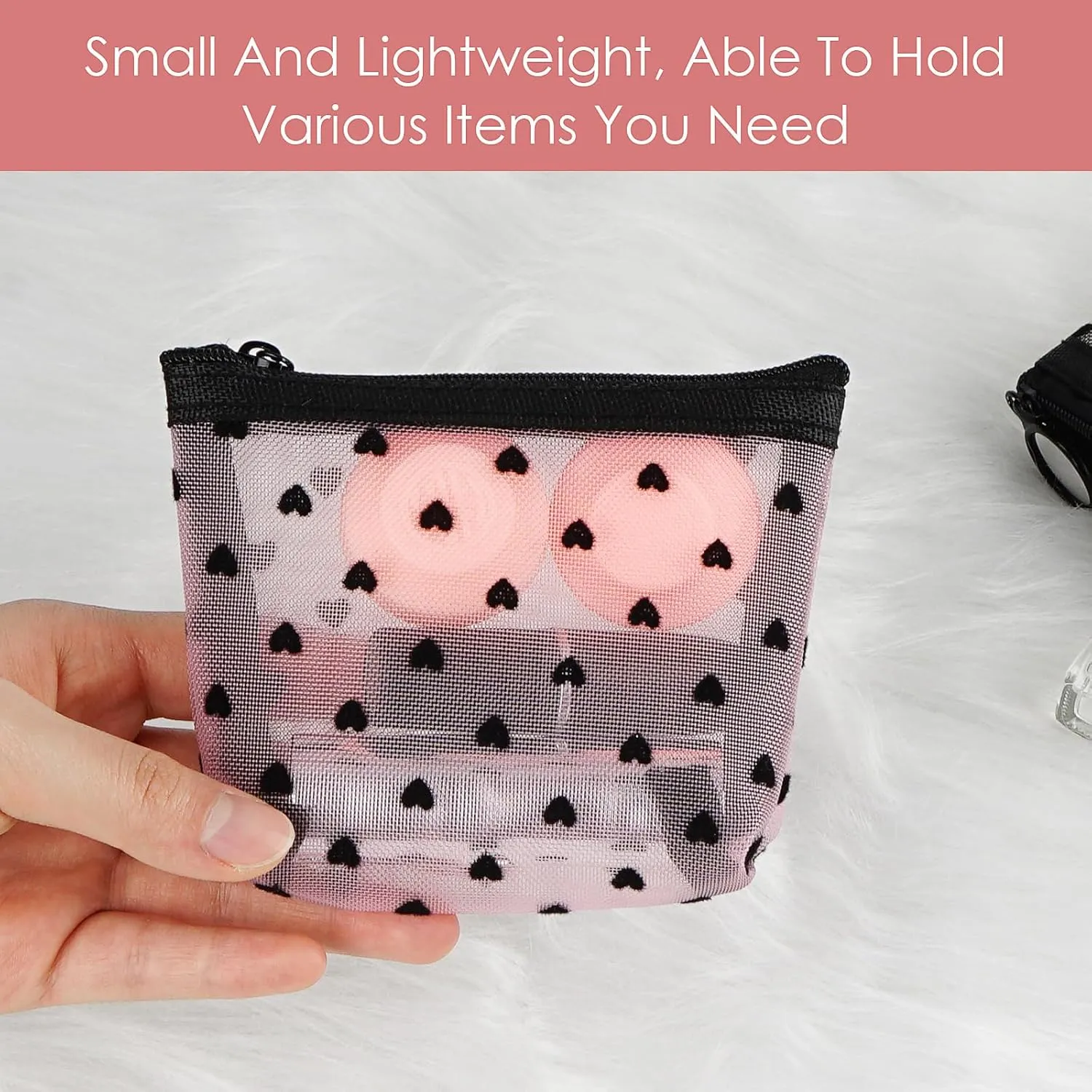 6 Pack Mini Mesh Makeup Bags, Heart Print Zipper Mesh Storage Pouch, Travel Cosmetic Accessories Organizer for Women (Black, Beige, Pink)