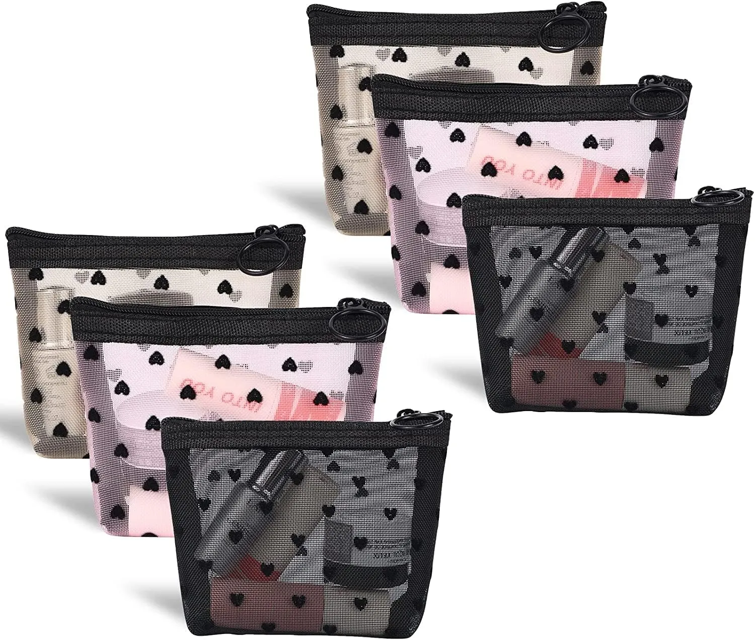 6 Pack Mini Mesh Makeup Bags, Heart Print Zipper Mesh Storage Pouch, Travel Cosmetic Accessories Organizer for Women (Black, Beige, Pink)