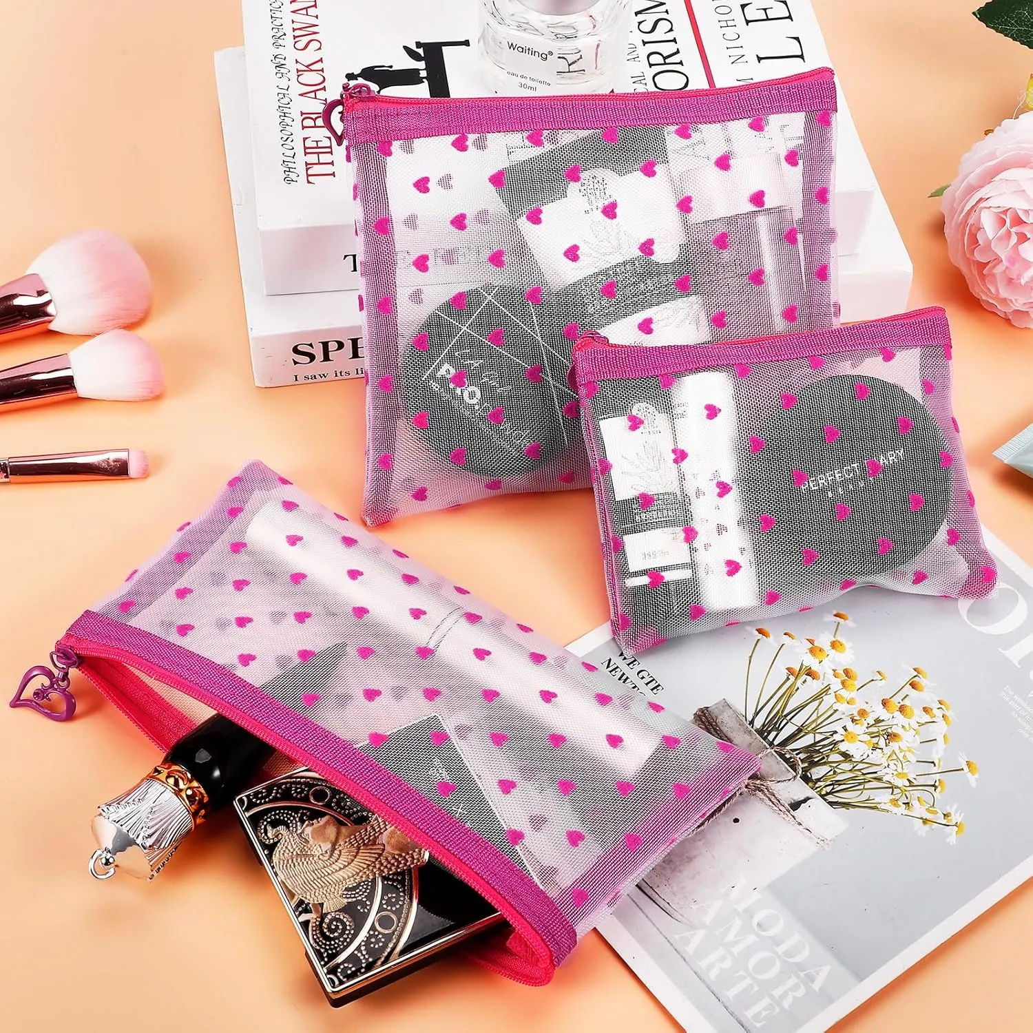 6 Pack Mini Zipper Mesh Makeup Bags, Heart Print Nylon Cosmetic Bags Toiletry Bags for Office Travel Organization (Hot Pink, XS)
